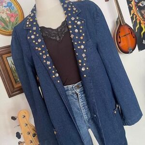 Vintage denim duster with stud and rhinestone embellishments Large
